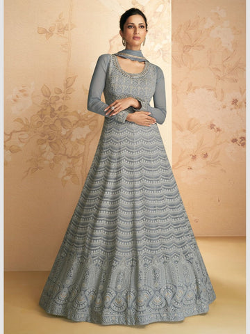 Teal Blue Indian Pakistani Anarkali Wedding Gown In Georgette SFZ12933 –  Siya Fashions